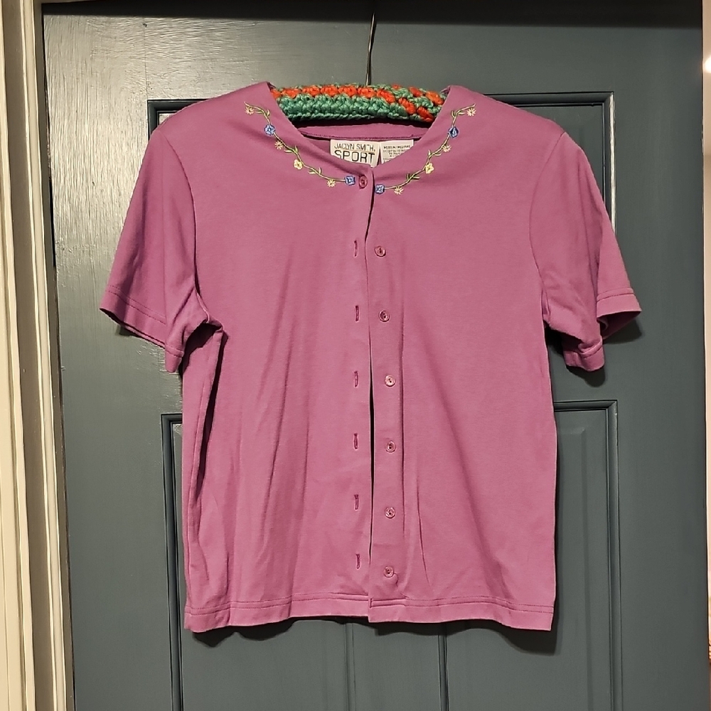 VINTAGE Jaclyn Smith Sport Mauve Shirt Button Top Floral Embroidered 90's Summer